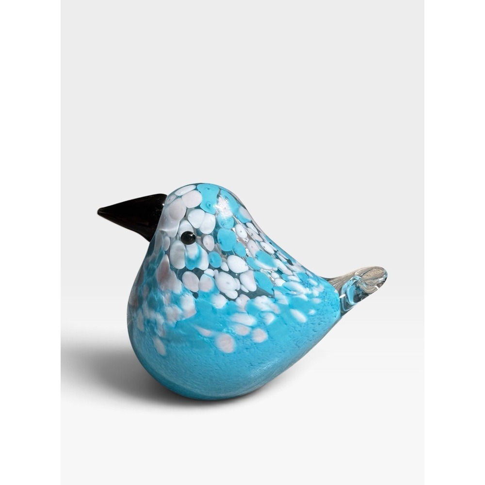 Hand Blown Art Glass Bird Figurine Blue White Speckled Black Beak 6"